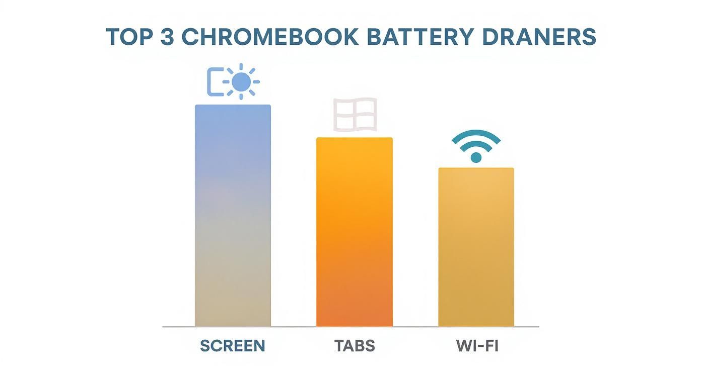 Bar chart illustrating the top 3 Chromebook battery drainers: screen, tabs, and Wi-Fi.