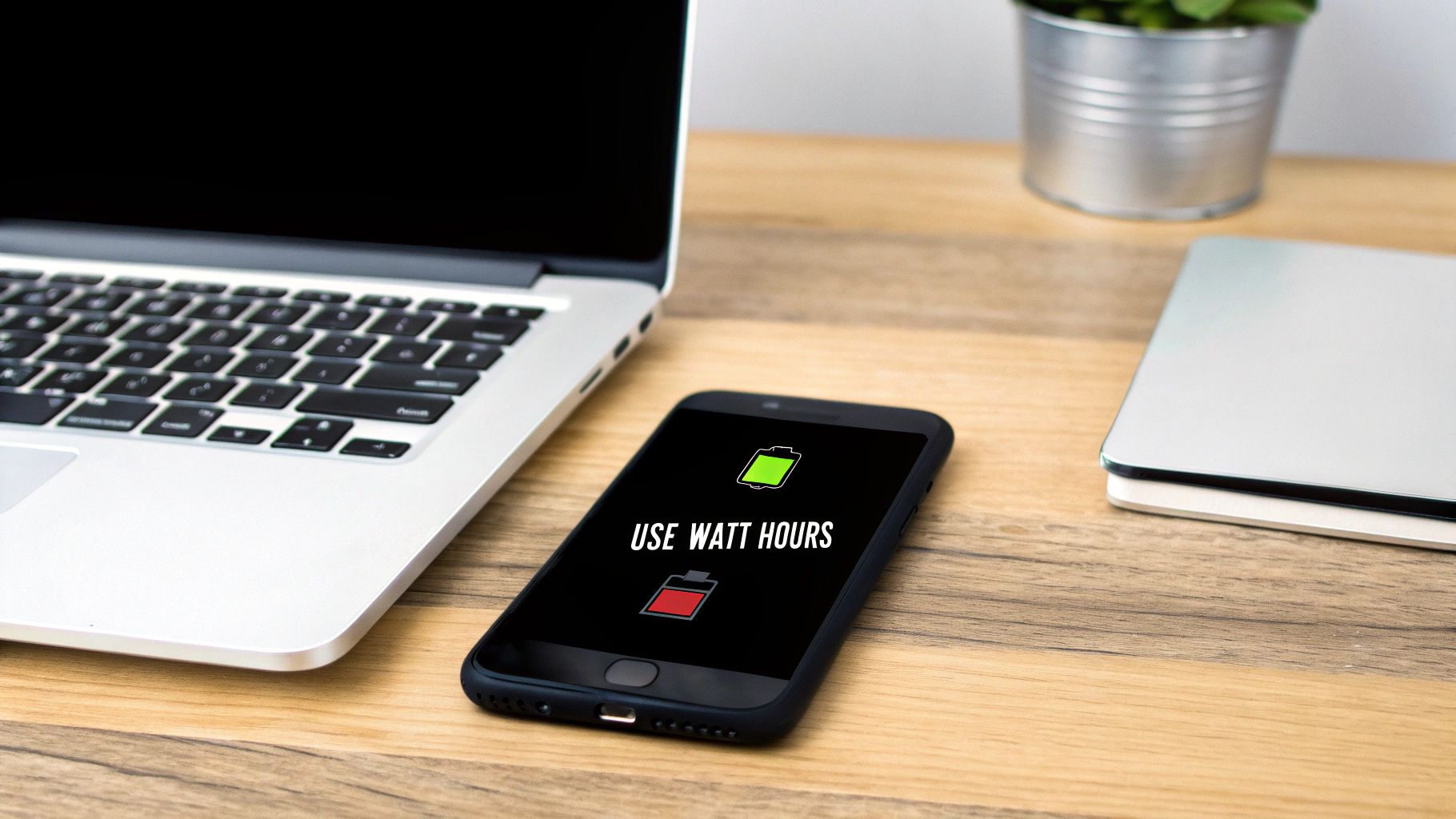 Smartphone displaying use watt hours message with battery icons on wooden desk beside laptop