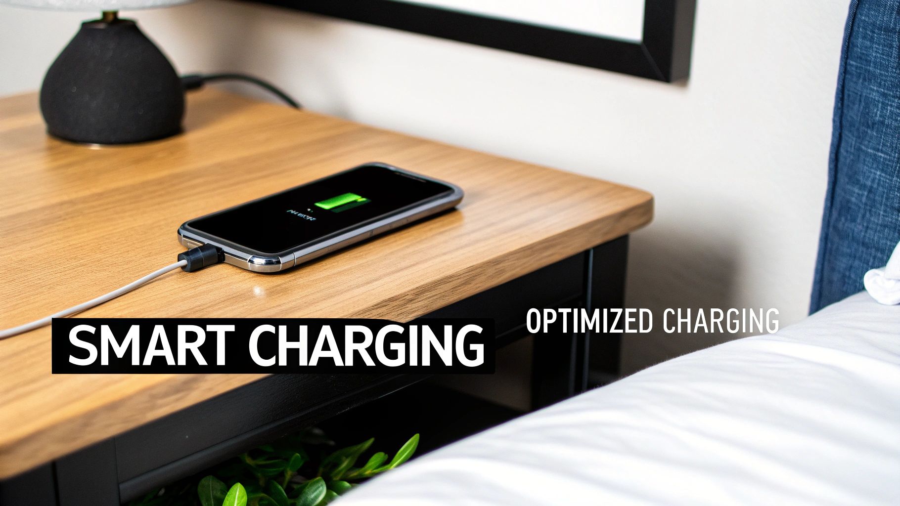 A phone being charged on a wireless pad with a green battery icon indicating a healthy charge level.