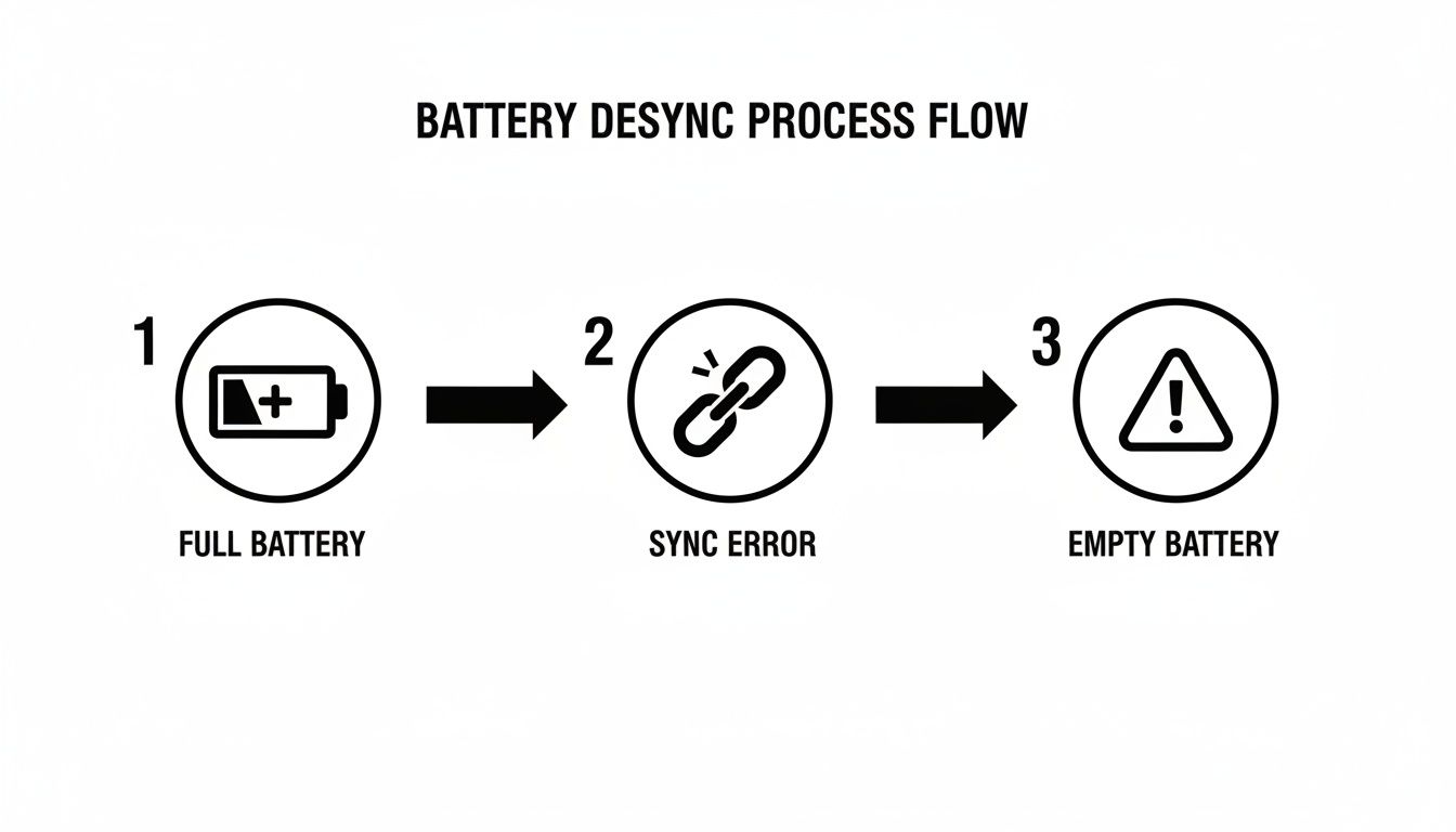 A diagram illustrating the battery desynchronization process from a full battery to an empty battery after a sync error.