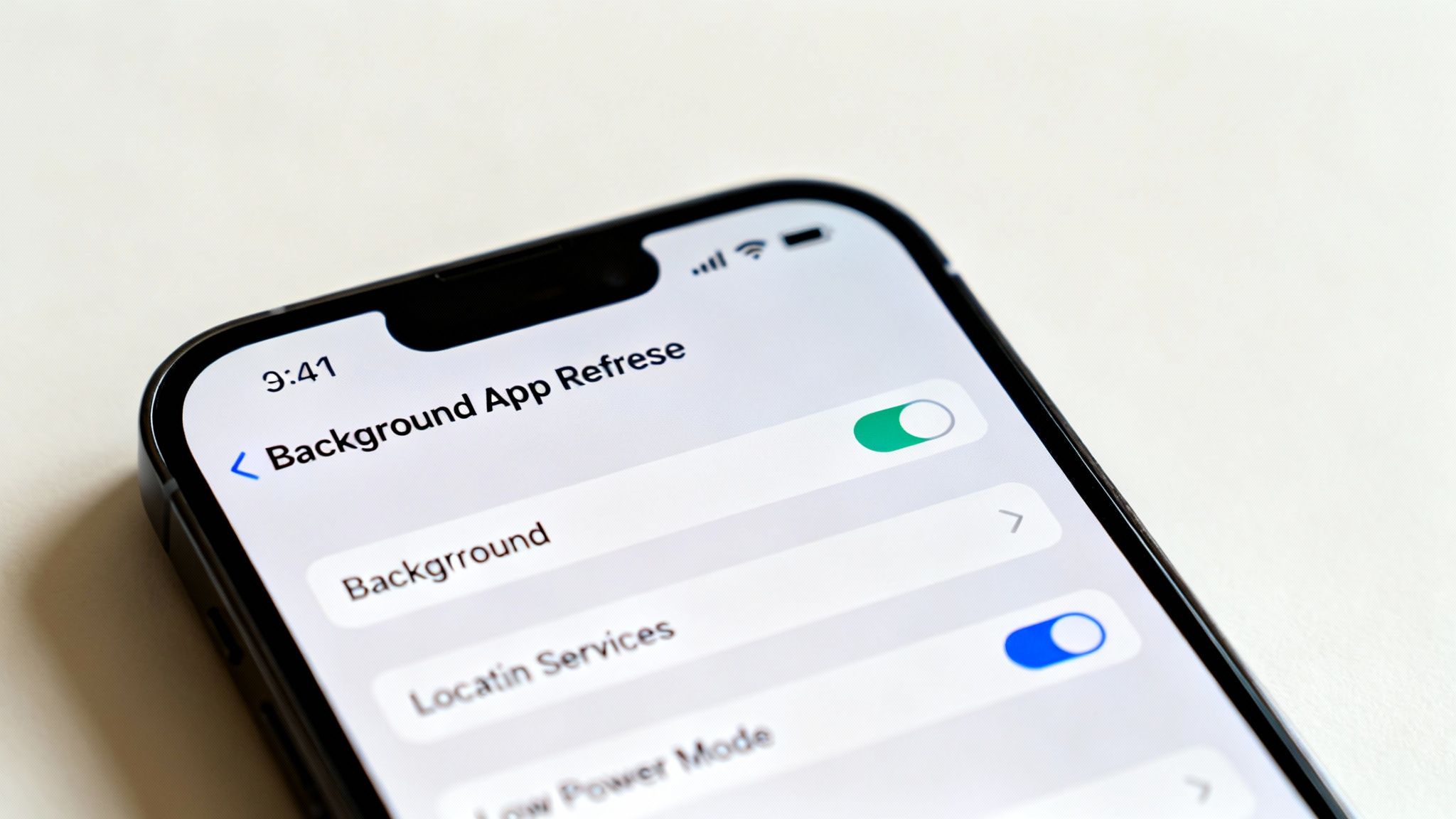 Close-up of an iPhone screen displaying 'Background App Refresh' settings with toggles enabled.