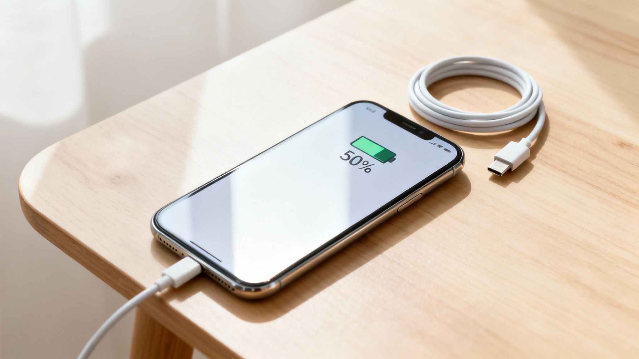 A smartphone charging with 50% battery displayed on its screen, next to a coiled white cable on a wooden table.