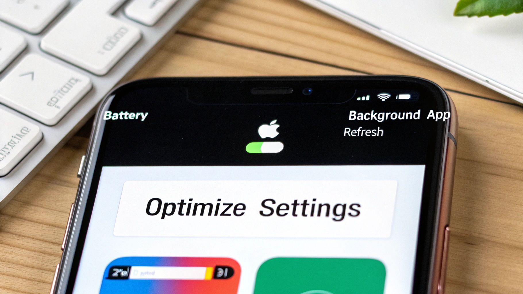 An iPhone user adjusting the settings on their device to optimize battery life, with icons for brightness, location services, and notifications visible.