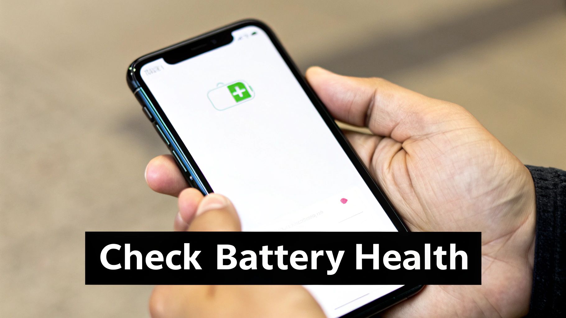 A person's hands holding a smartphone displaying a battery icon and 'Check Battery Health' text.