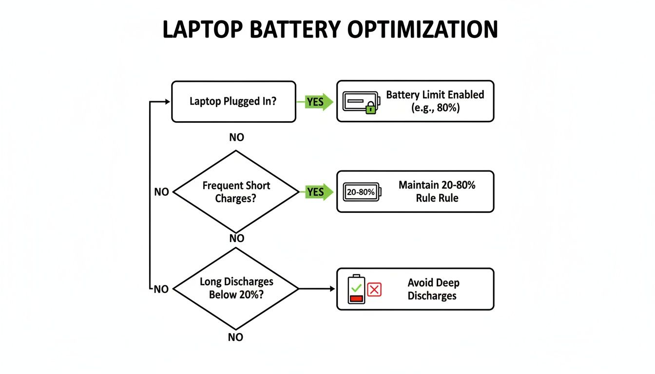 Flowchart illustrating laptop battery optimization tips, including charging limits, 20-80% rule, and avoiding deep discharges.