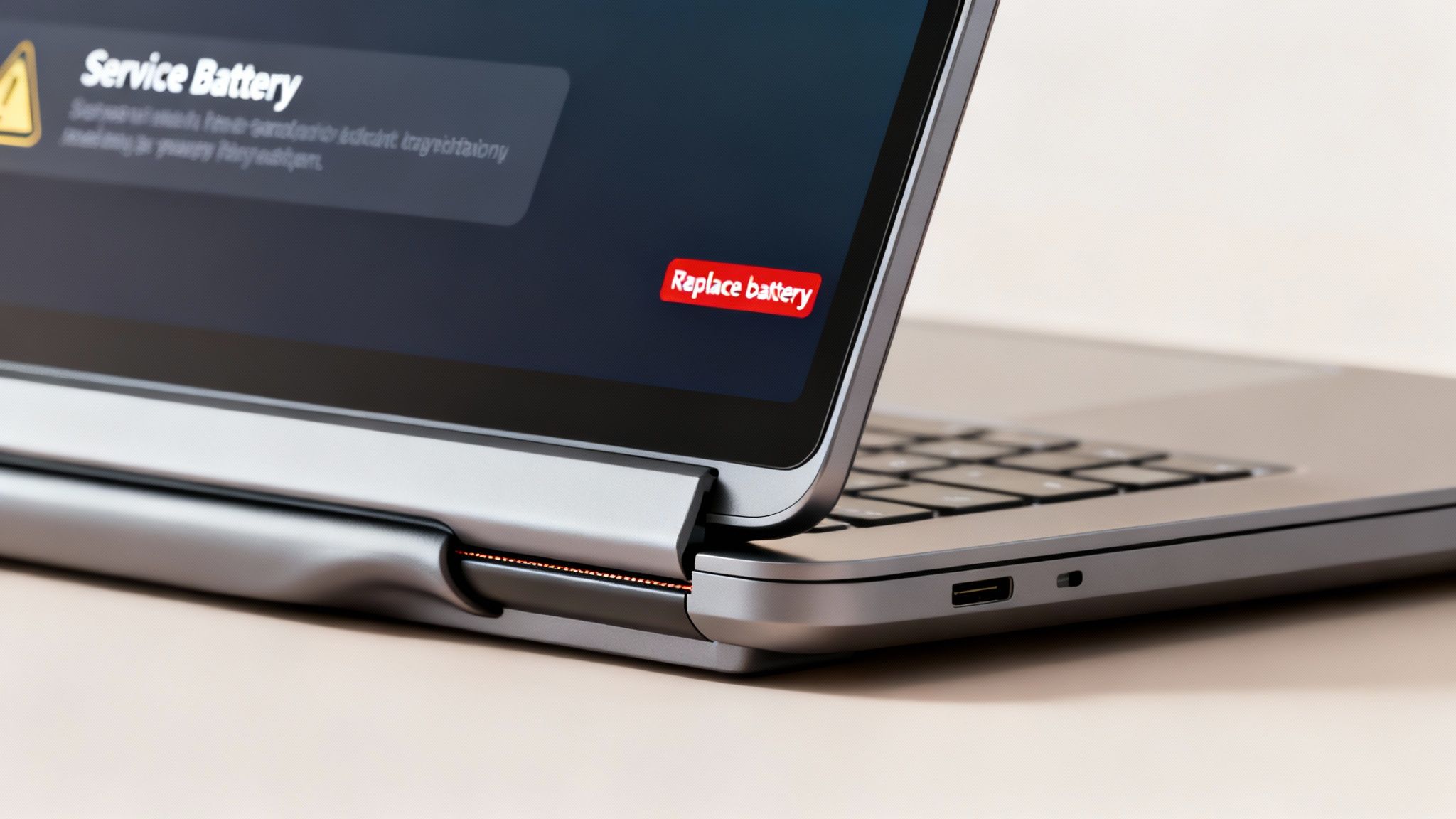 A laptop screen displaying a 'Service Battery' warning and a red 'Replace battery' button.