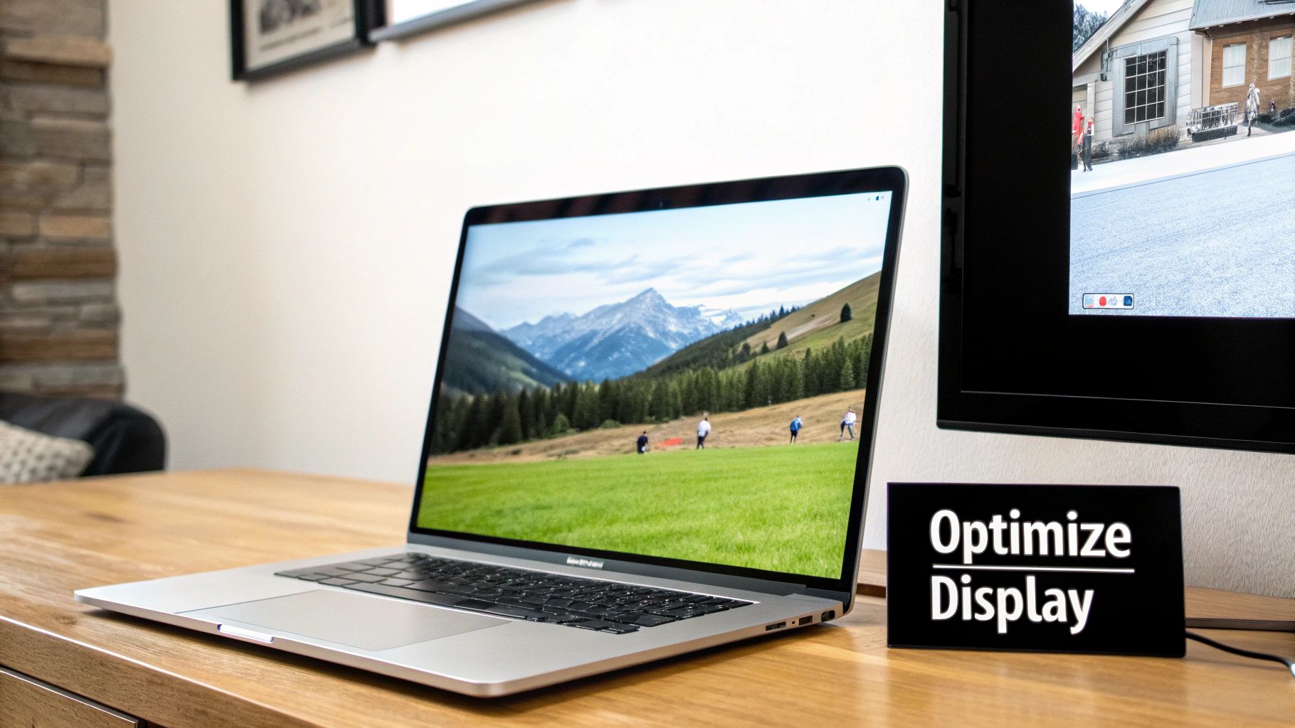 A person adjusting display settings on a MacBook connected to a TV.