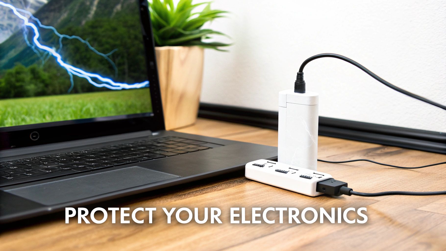 A surge protector with multiple devices plugged in, visually representing its role in safeguarding electronics.