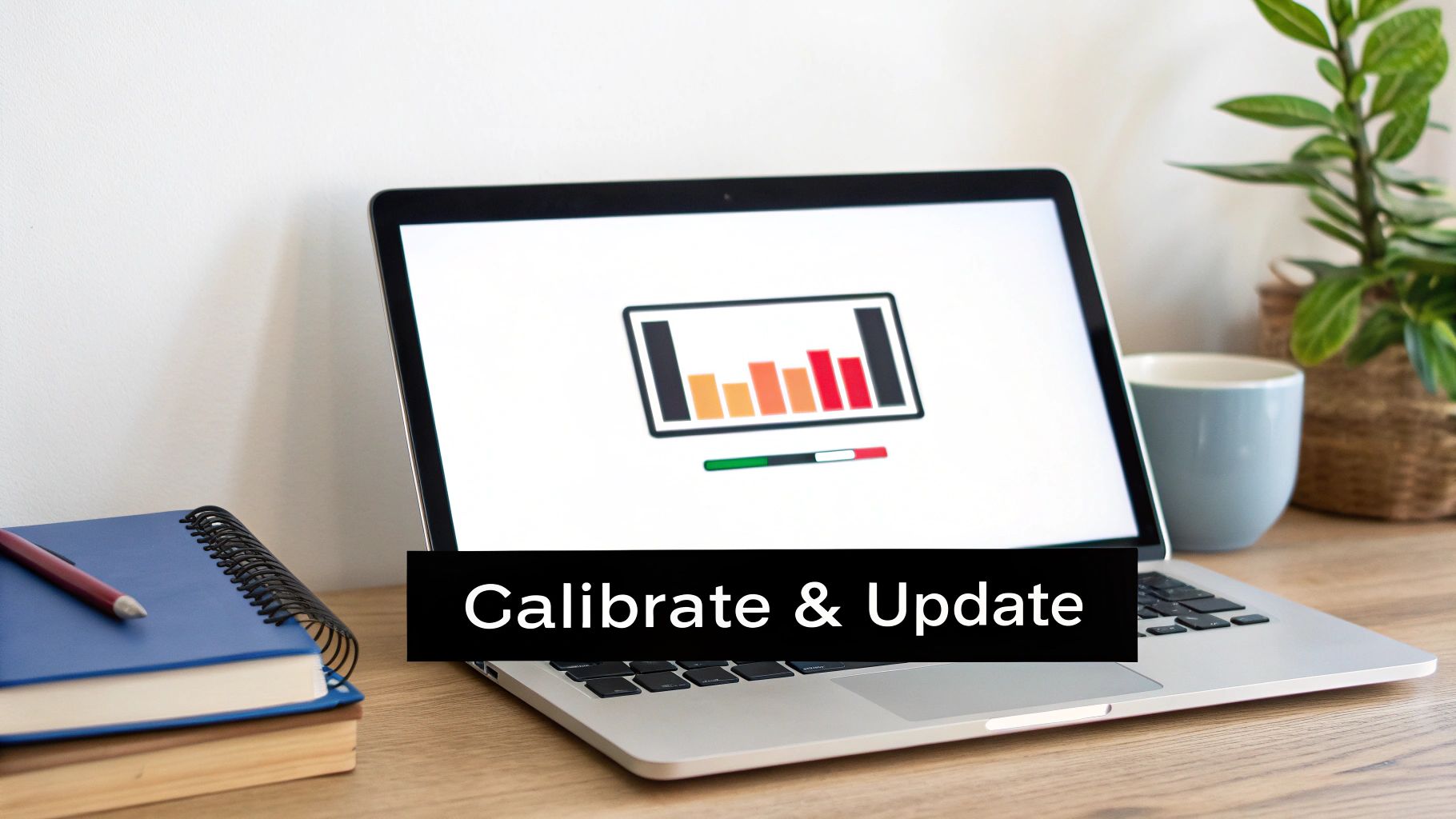 A laptop displaying a battery calibration icon and progress bar with 'Calibrate & Update' text on a desk.