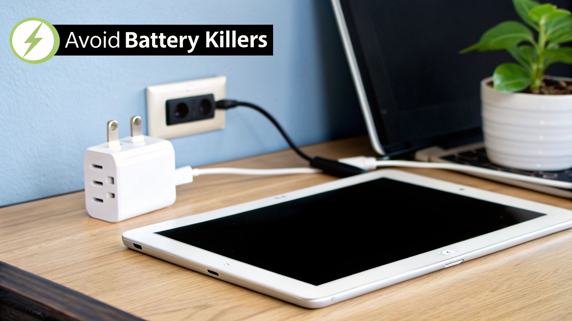 An iPad charging on a wooden desk next to a plant, symbolizing healthy battery habits.