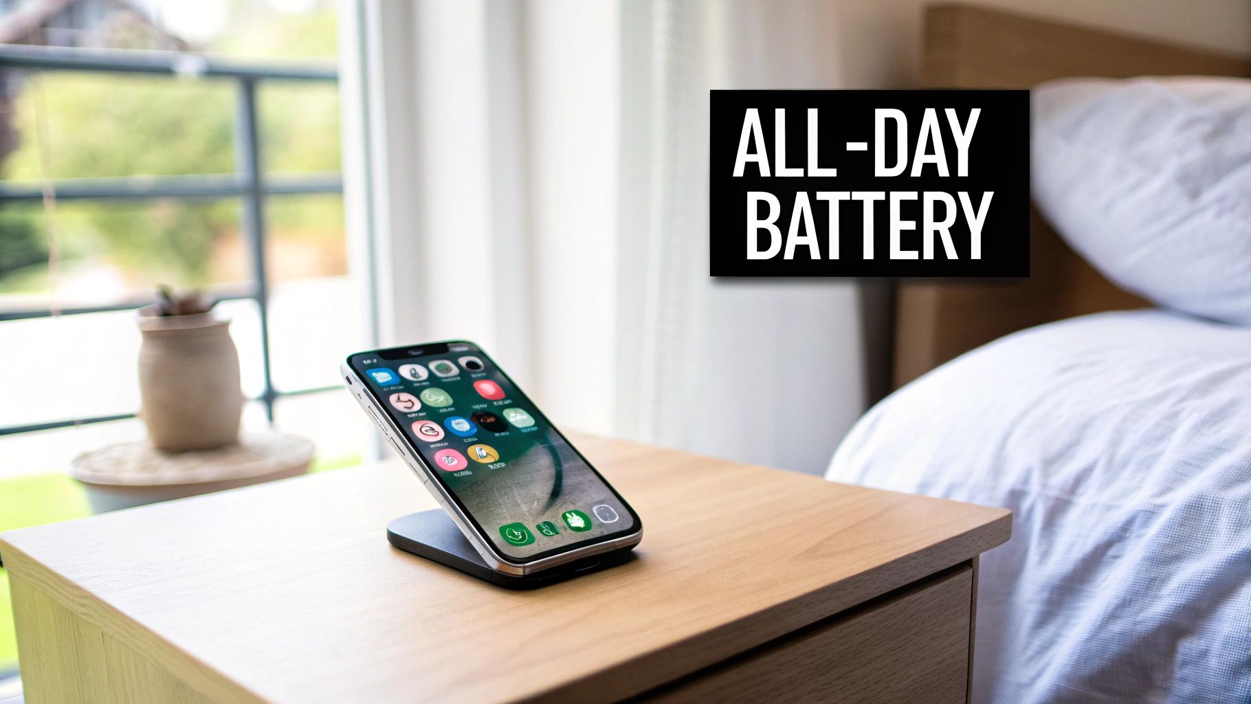 A smartphone on a charging stand on a wooden nightstand with a bed and window, featuring 'ALL-DAY BATTERY' text.