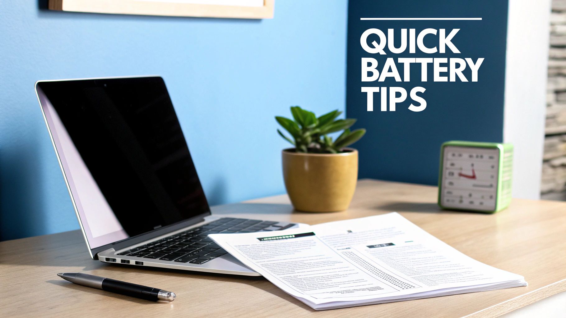 A silver laptop, documents, and a pen on a wooden desk, with 'QUICK BATTERY TIPS' text.