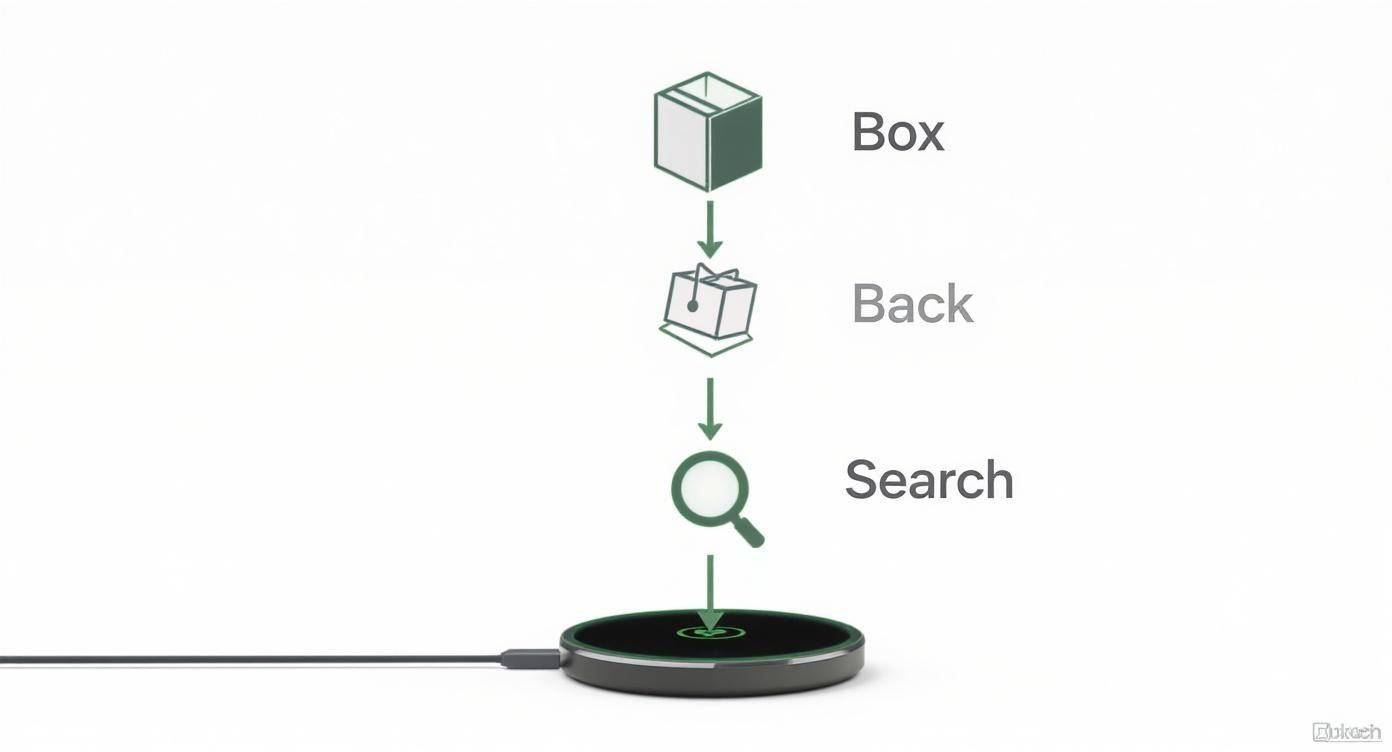 Infographic showing a decision tree for checking wireless charging compatibility, starting with the box, then the phone's back, and finally a web search.