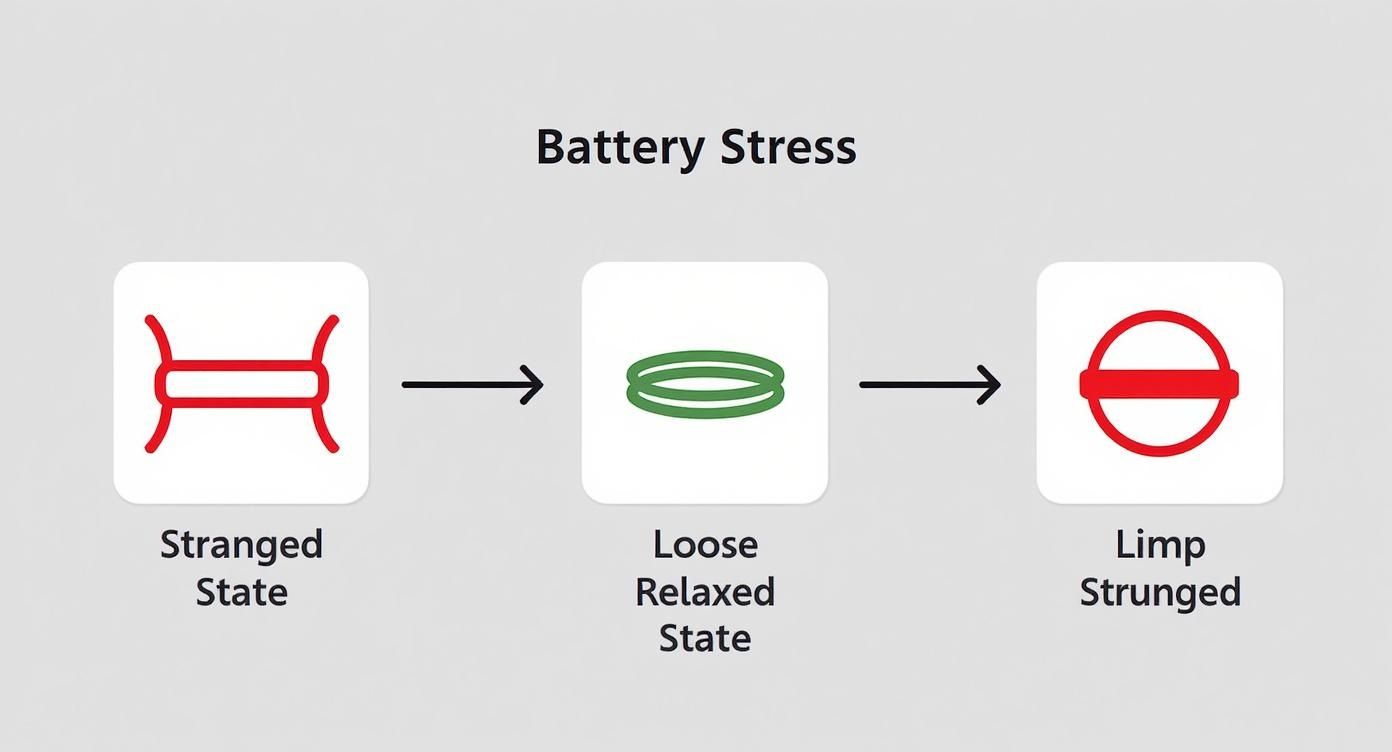 Infographic illustrating battery stress states, from strained to relaxed, using a rubber band analogy.