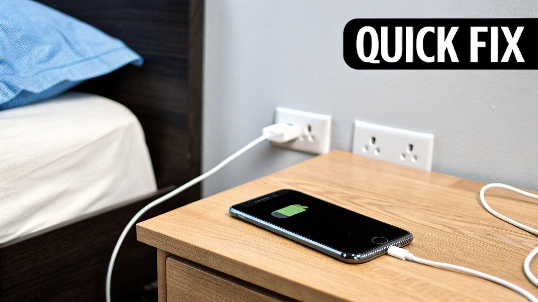 A smartphone charges on a wooden nightstand next to a bed, showing a green battery icon.