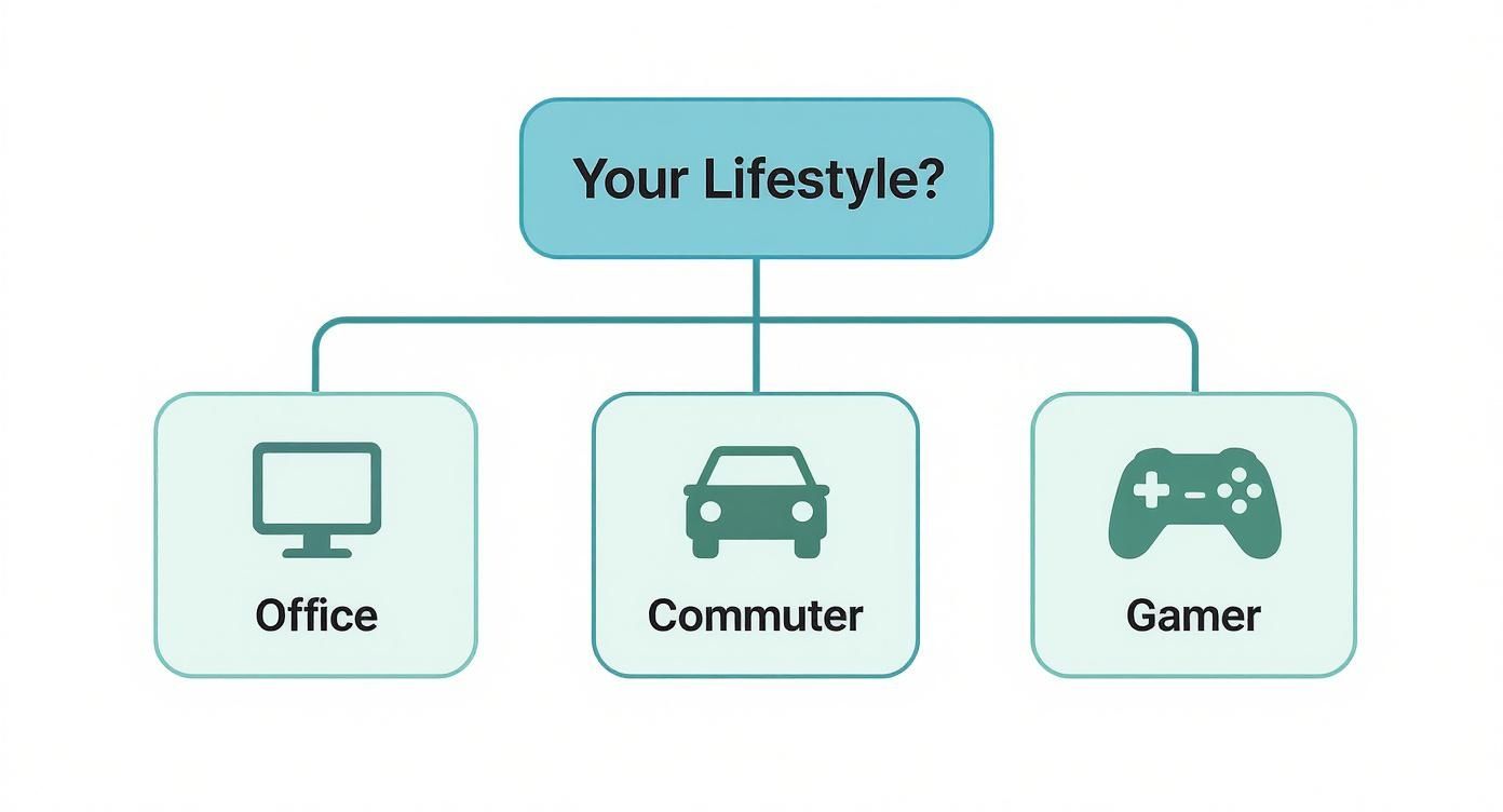 A flowchart titled 'Your Lifestyle?' with branches for Office, Commuter, and Gamer.