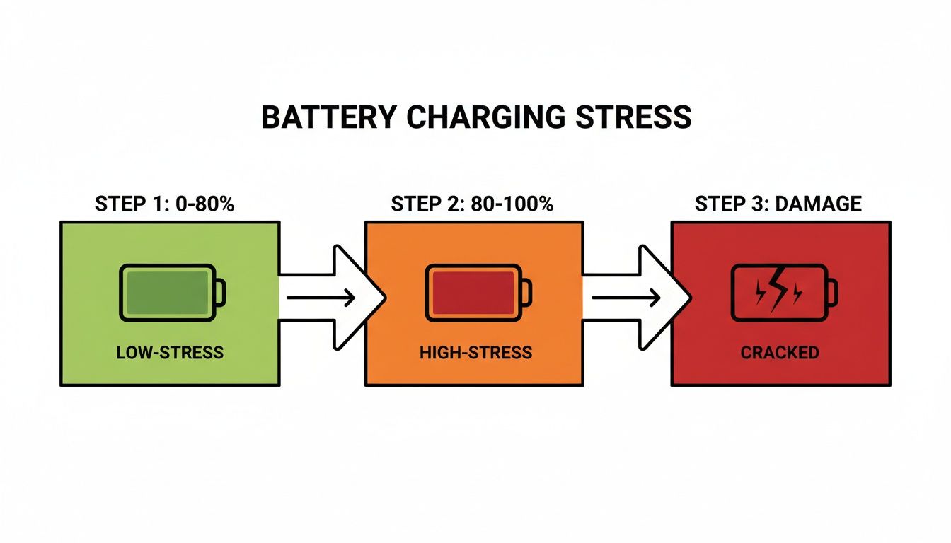 Diagram illustrating battery charging stress across three stages: low-stress (0-80%), high-stress (80-100%), and damage.