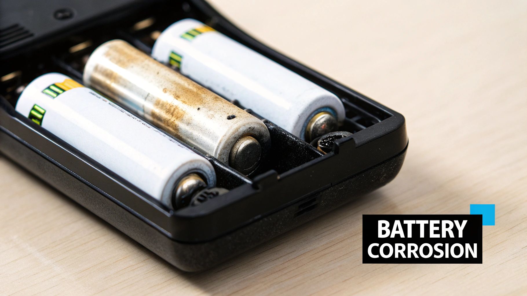 A close-up of a corroded AA battery with white crystalline buildup.
