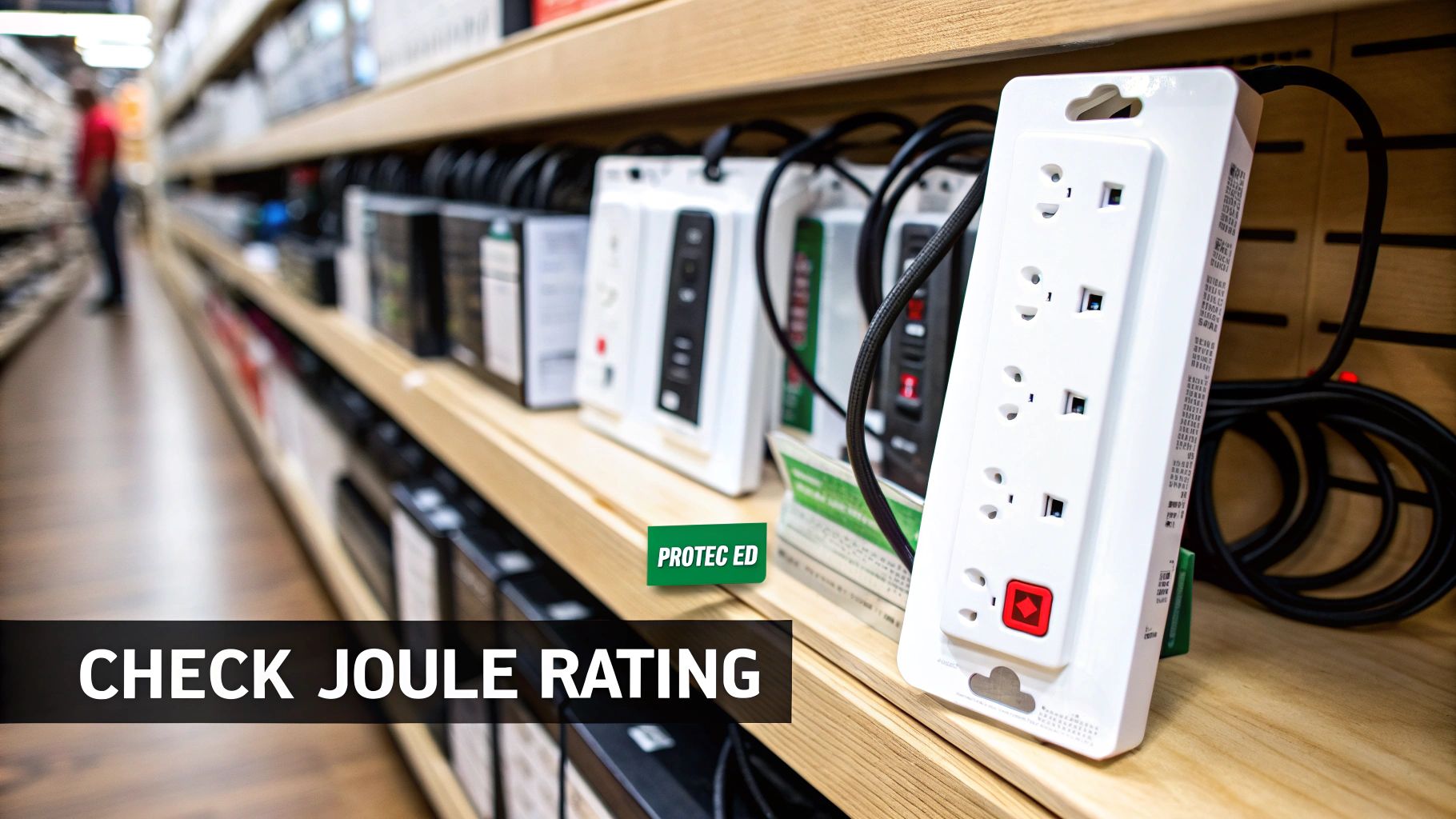 A close-up shot of a surge protector's packaging, highlighting the joule rating and 'surge protection' text.