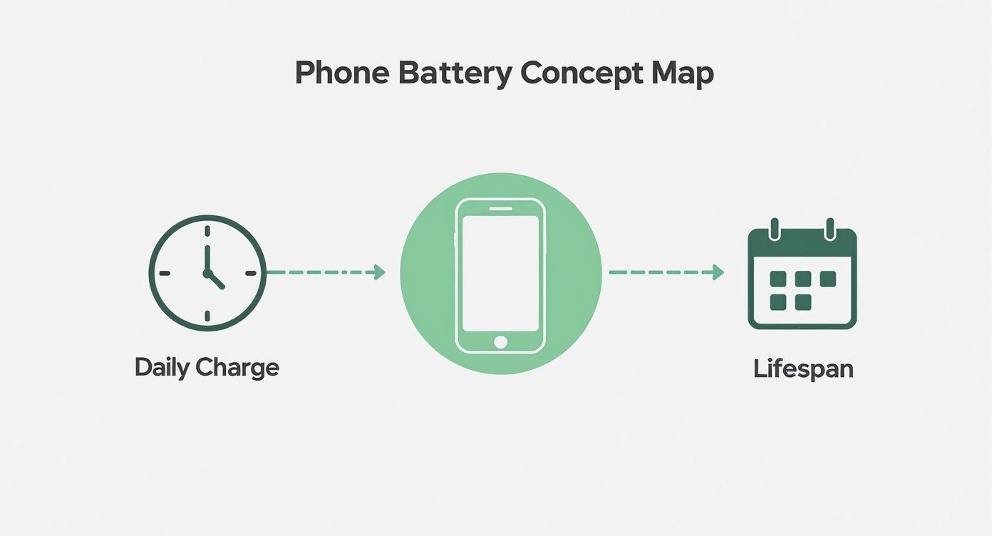 A concept map showing how daily phone charging impacts a smartphone battery's lifespan.
