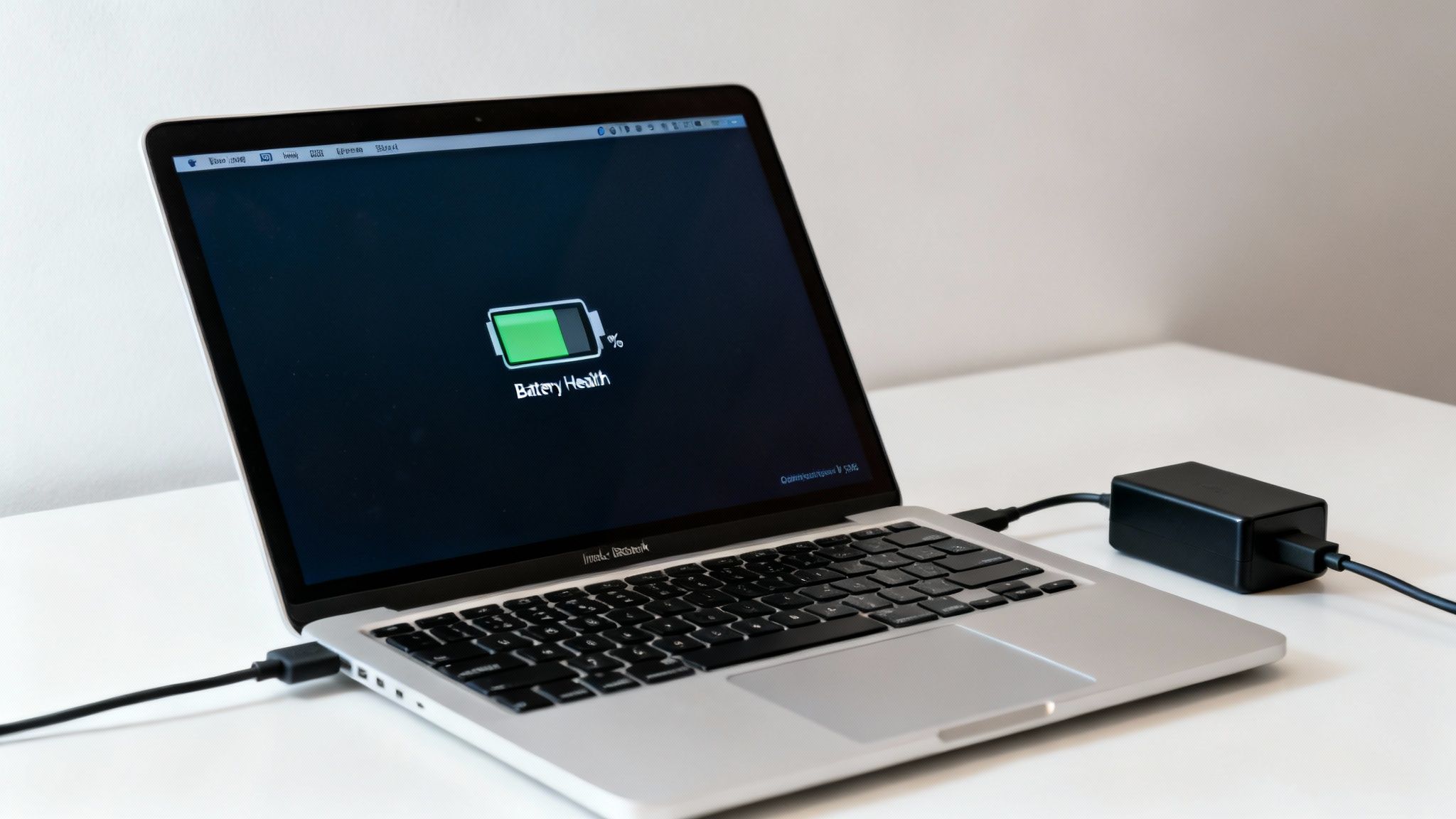 A laptop displaying 'Battery Health' on its screen, connected to a charger on a white desk.