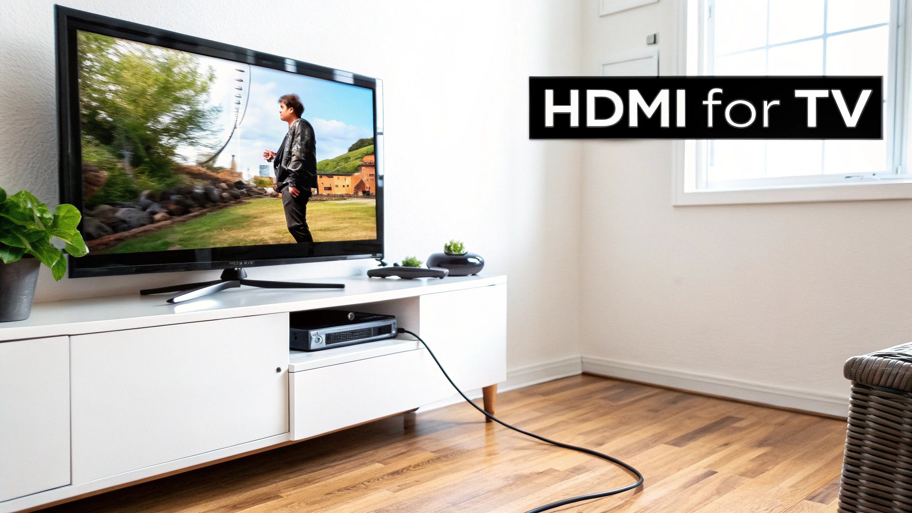 An HDMI cable connected to a television, highlighting its role in home entertainment setups.