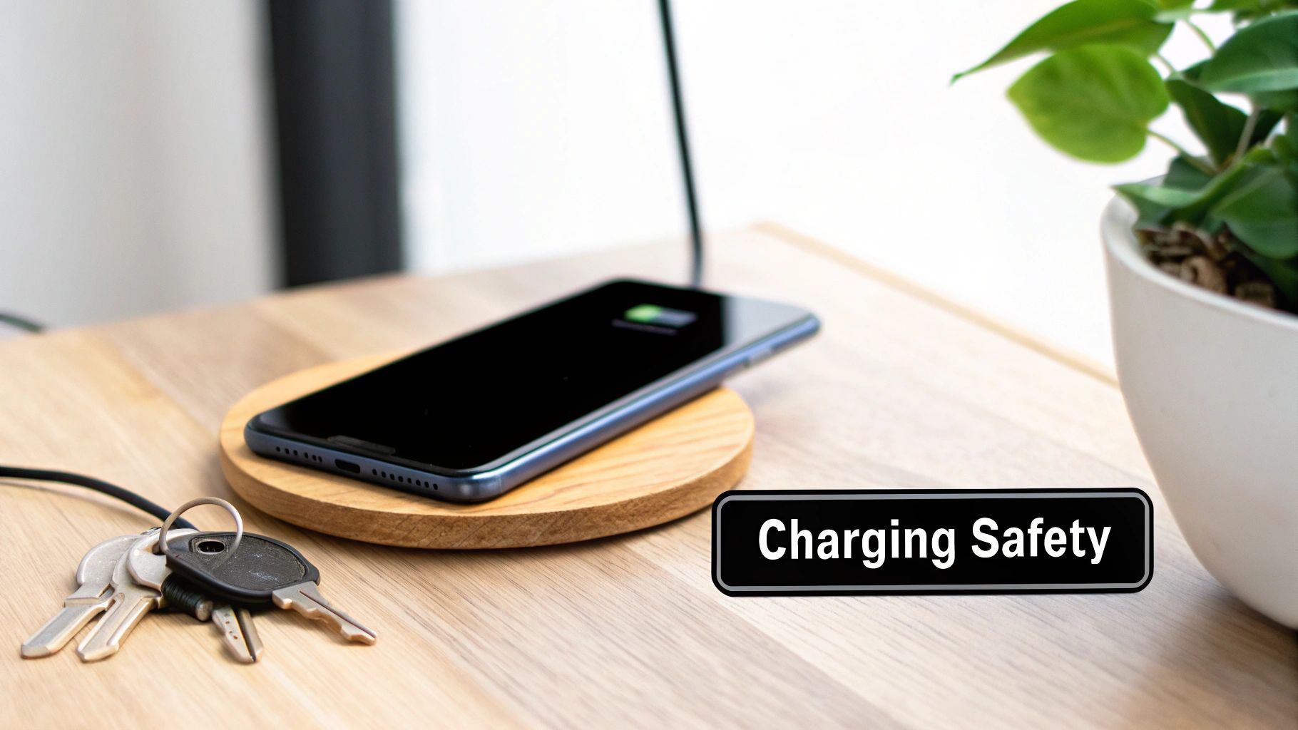 A smartphone on a wireless charger with safety icons around it.