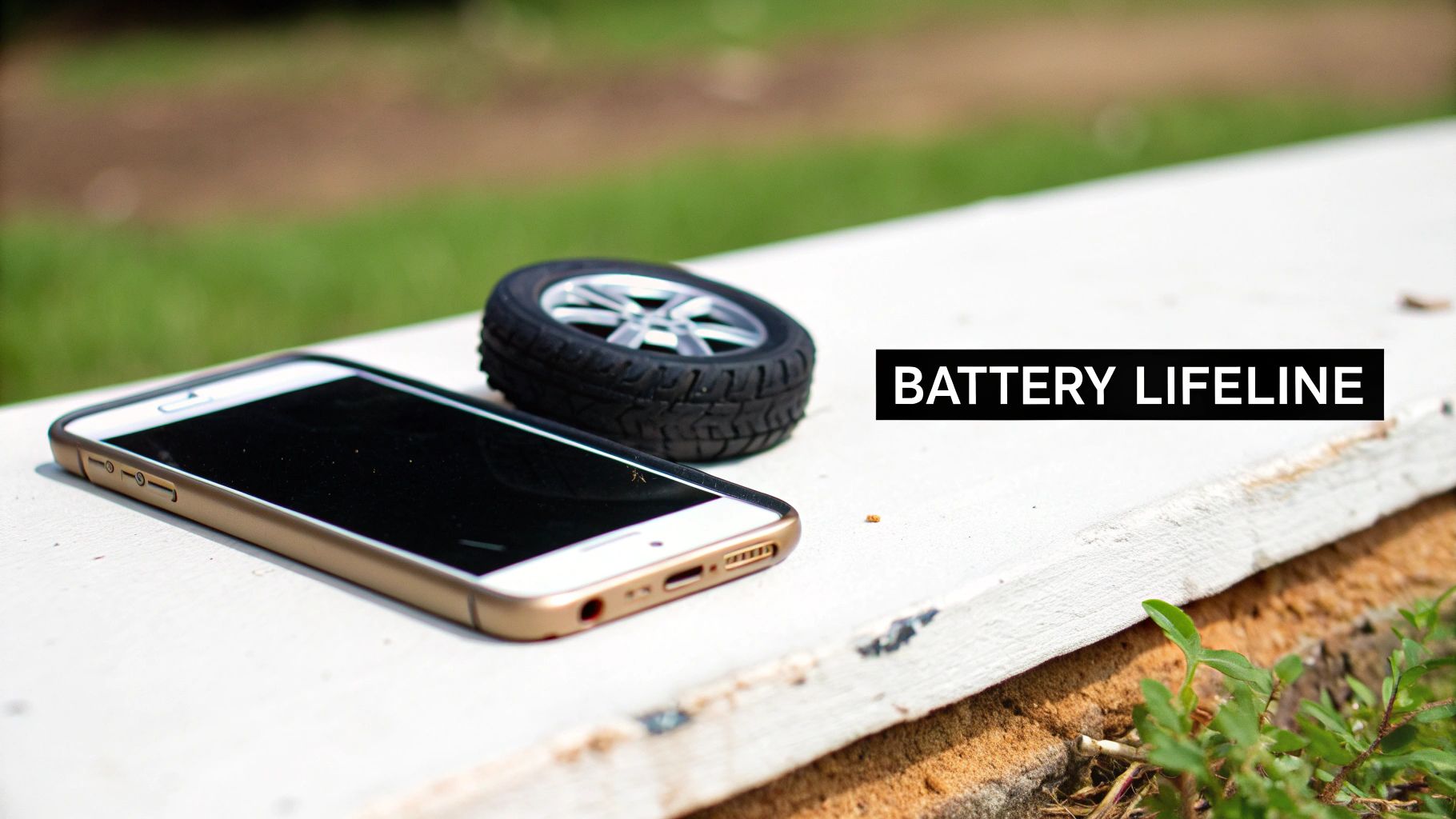 Smartphone with miniature tire on pavement symbolizing battery lifeline and mobile device maintenance