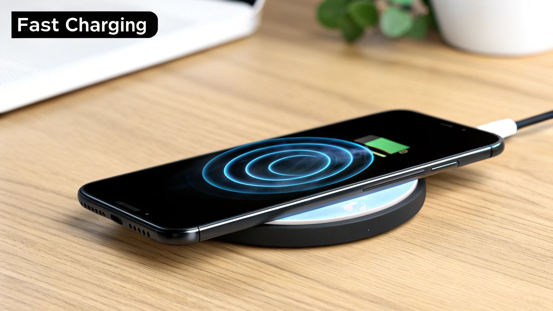 A modern smartphone charging wirelessly on a sleek pad next to a plant.