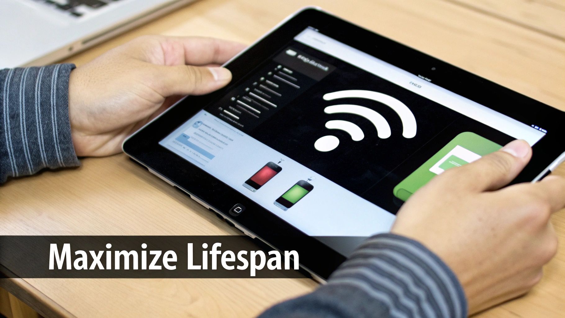 An iPad being charged with a green battery icon, symbolizing healthy charging habits.