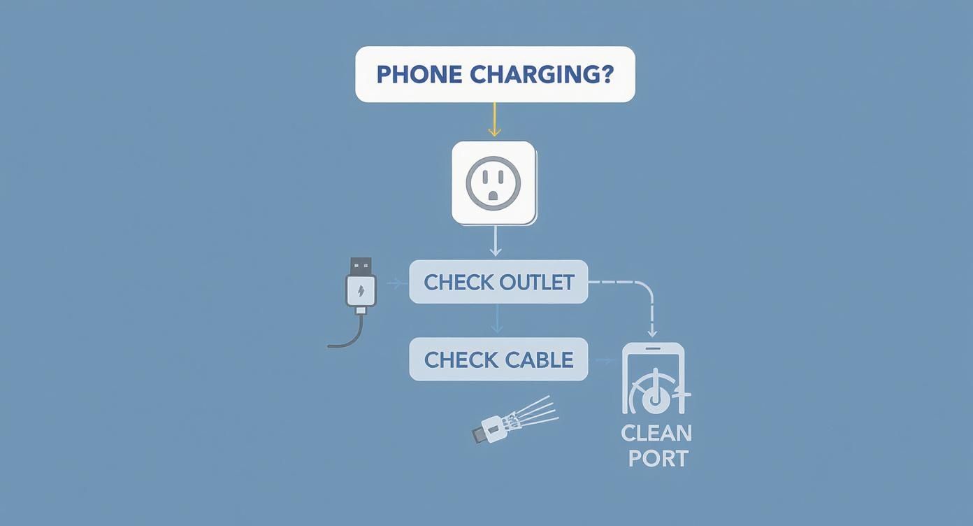 An infographic decision tree showing the first steps to take when a phone won't charge, starting with checking the outlet, then the cable, and finally cleaning the port.
