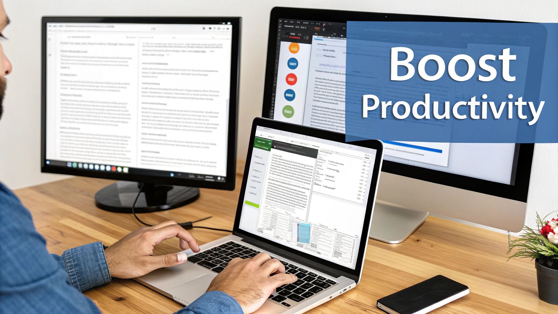 A clean, organized multi-monitor setup with three screens showing graphs and data.