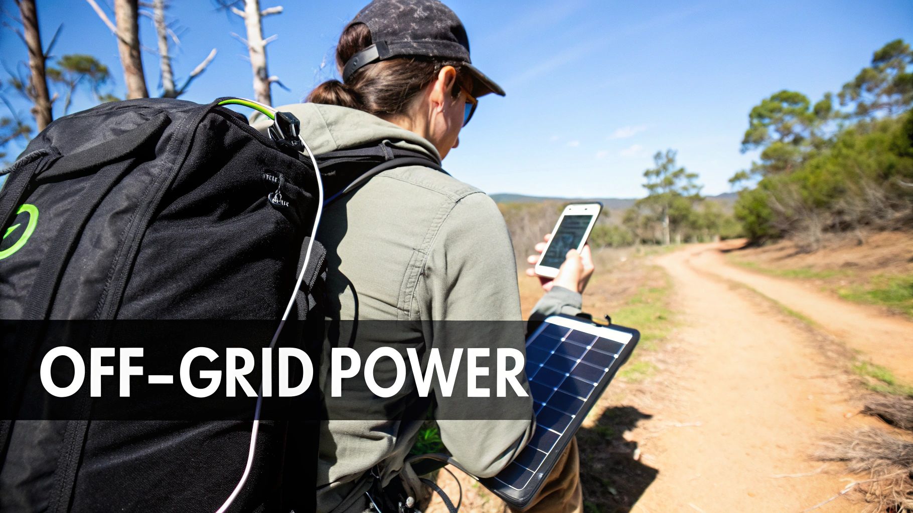 A hiker using a backpack solar charger in a sunny, mountainous area.