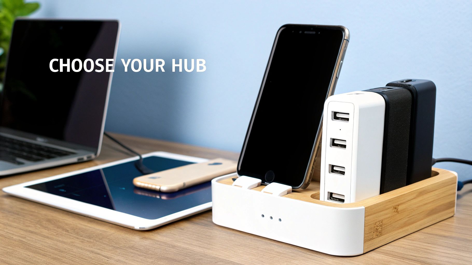 A modern multi-device charging hub organizing a laptop, tablet, and smartphone on a wooden desk.