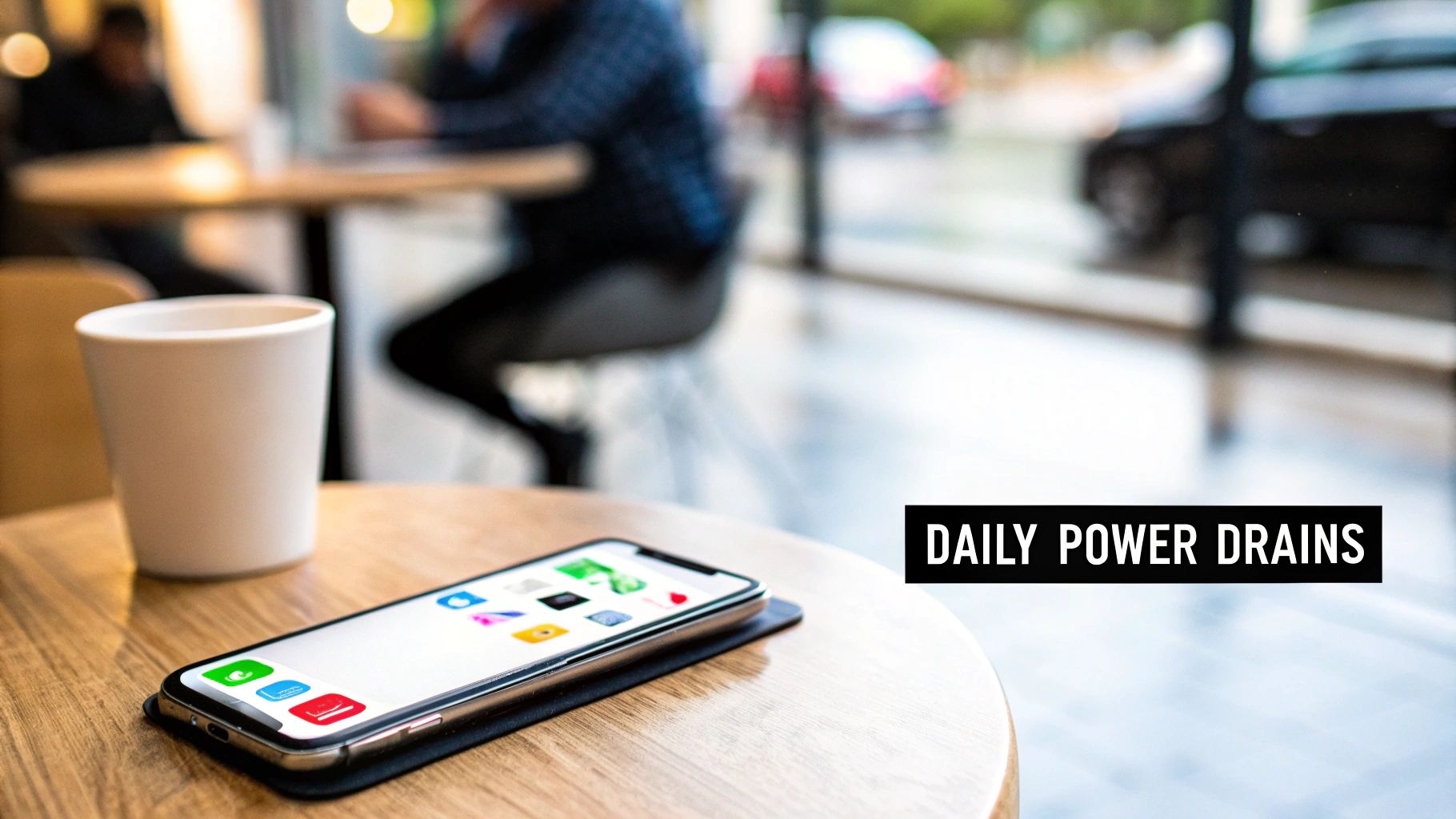 A smartphone on a wooden table displaying app icons next to a white coffee cup in a cafe.