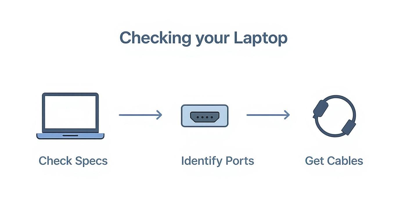 Infographic decision tree showing how to check laptop specs, identify ports, and get cables for connecting multiple monitors.