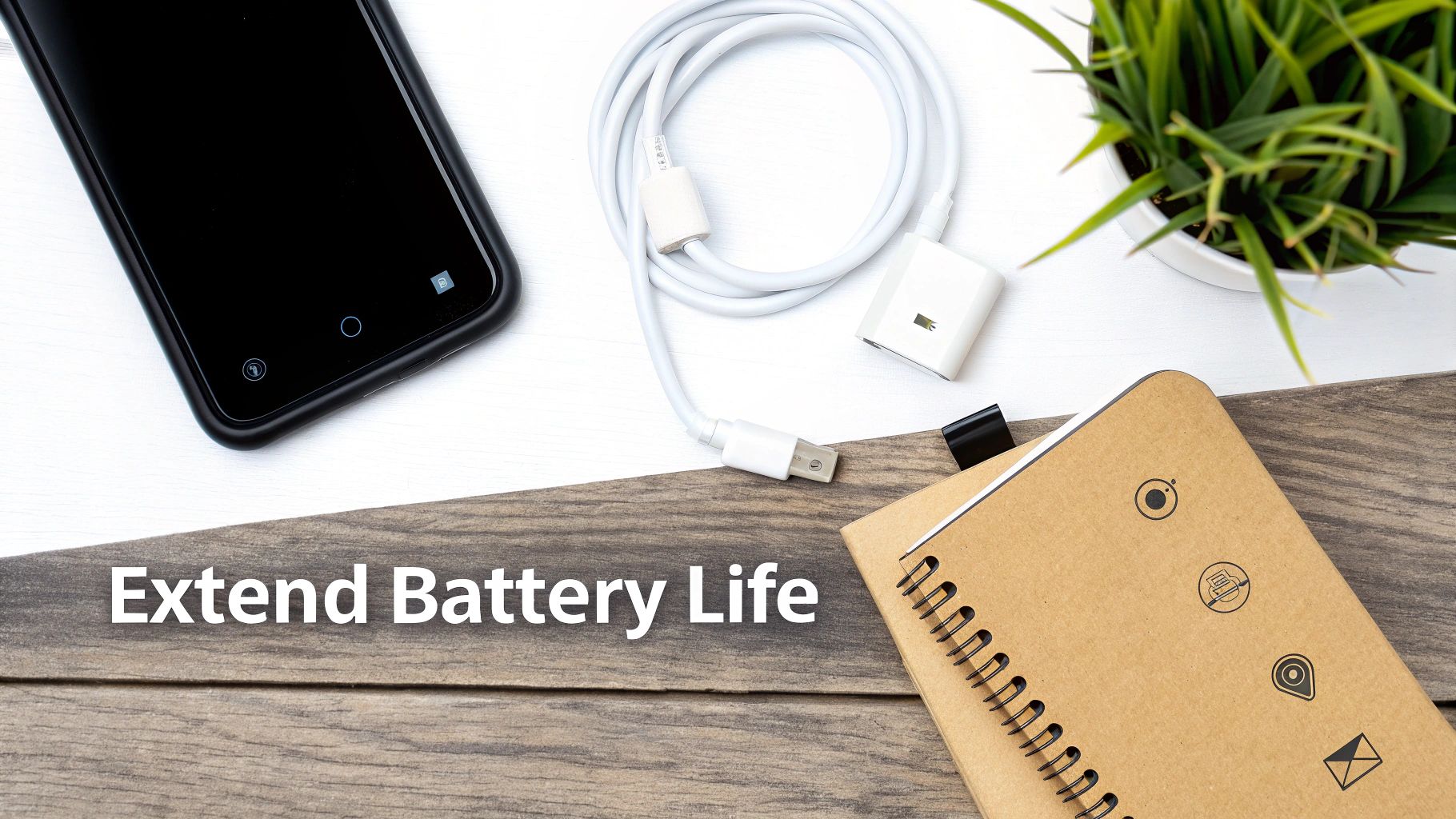 A flat lay shows a smartphone, charging cable, adapter, and notebook on a white and wood surface, with 'Extend Battery Life' text.