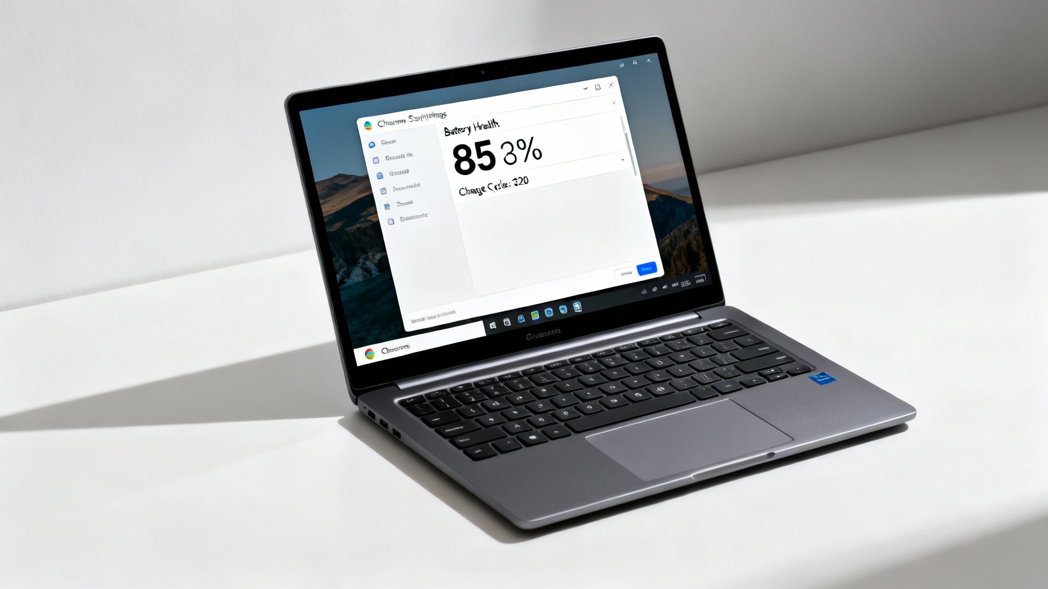 A sleek silver laptop displays a 'Battery Health' window showing 85% health and 320 charge cycles.