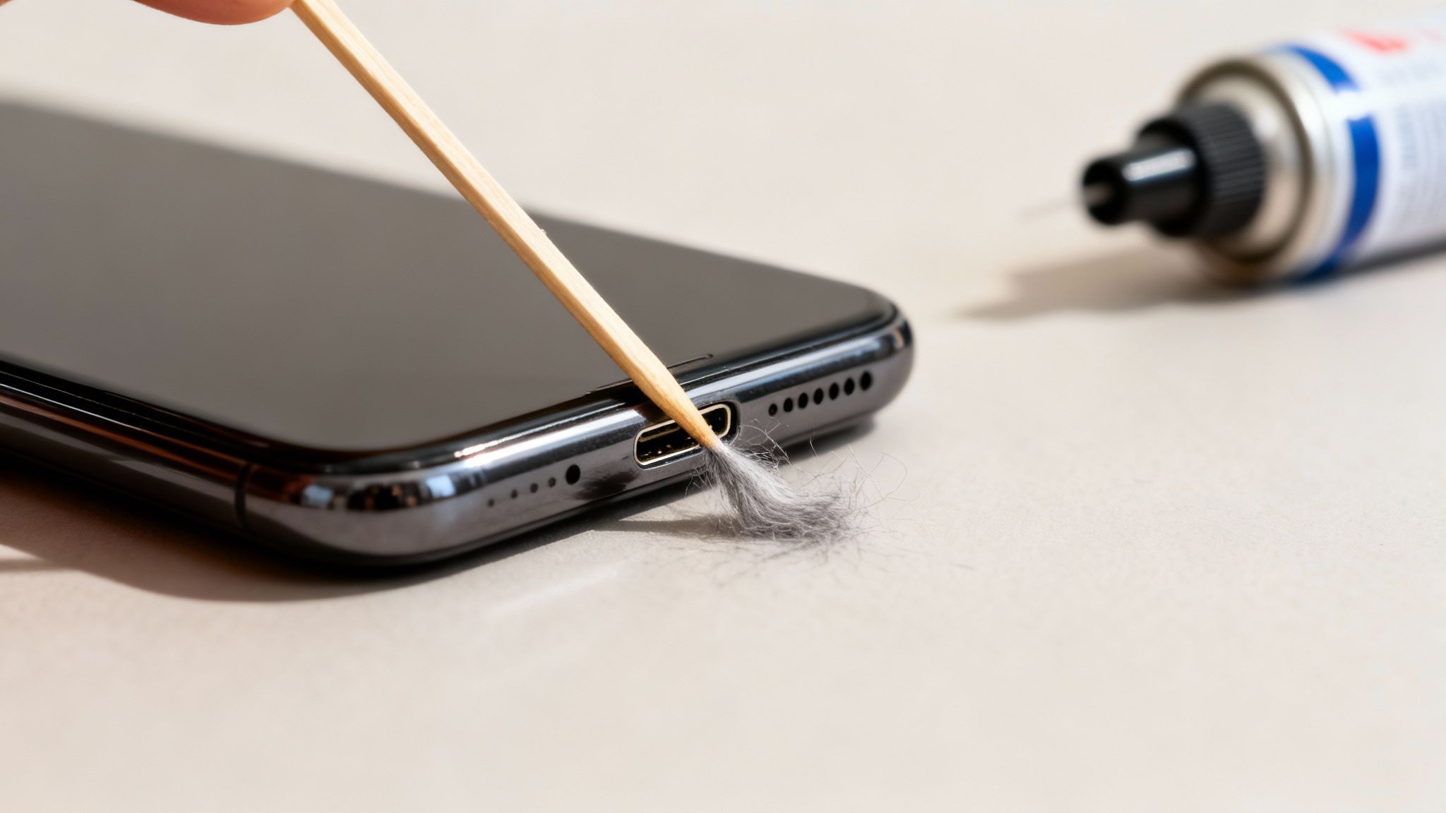 Close-up of a hand using a wooden pick to clean lint from a smartphone's charging port.