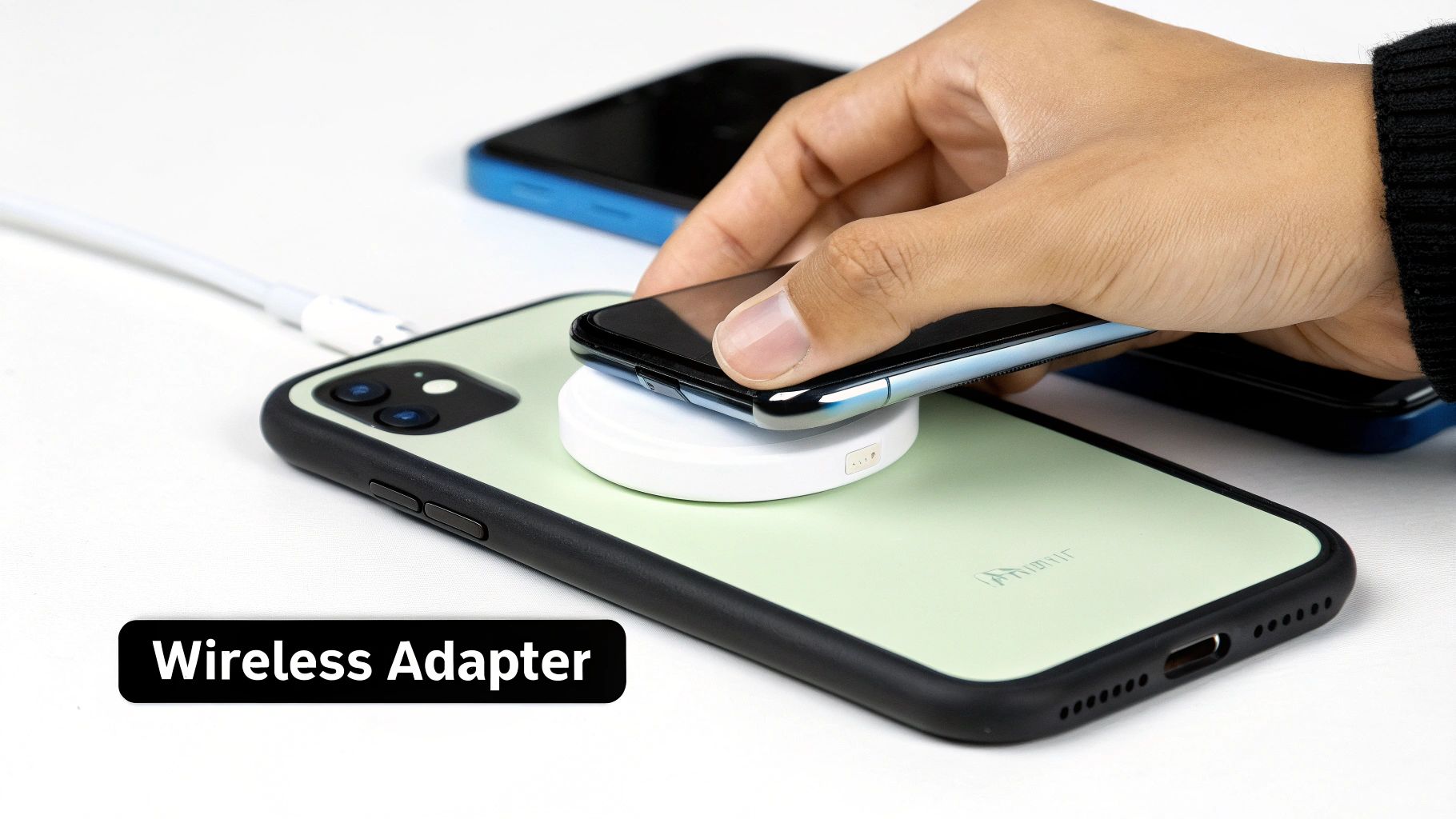 A smartphone on a wireless charging pad next to a cup of coffee.