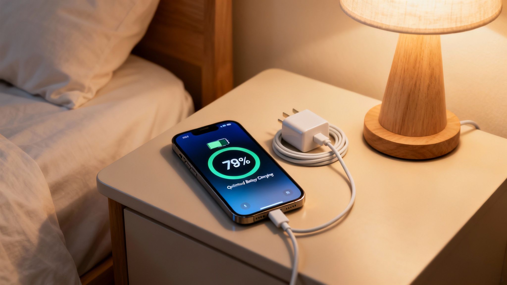 An iPhone displaying 79% charge and optimized battery charging sits on a nightstand next to a lamp and bed.