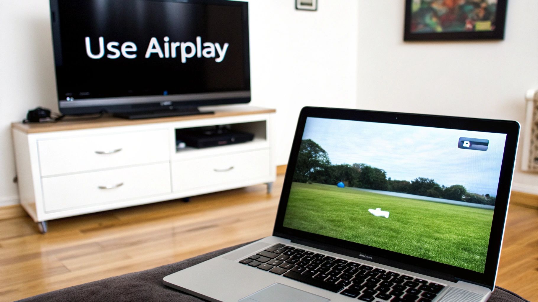 A person wirelessly streaming content from their MacBook to a TV using AirPlay.