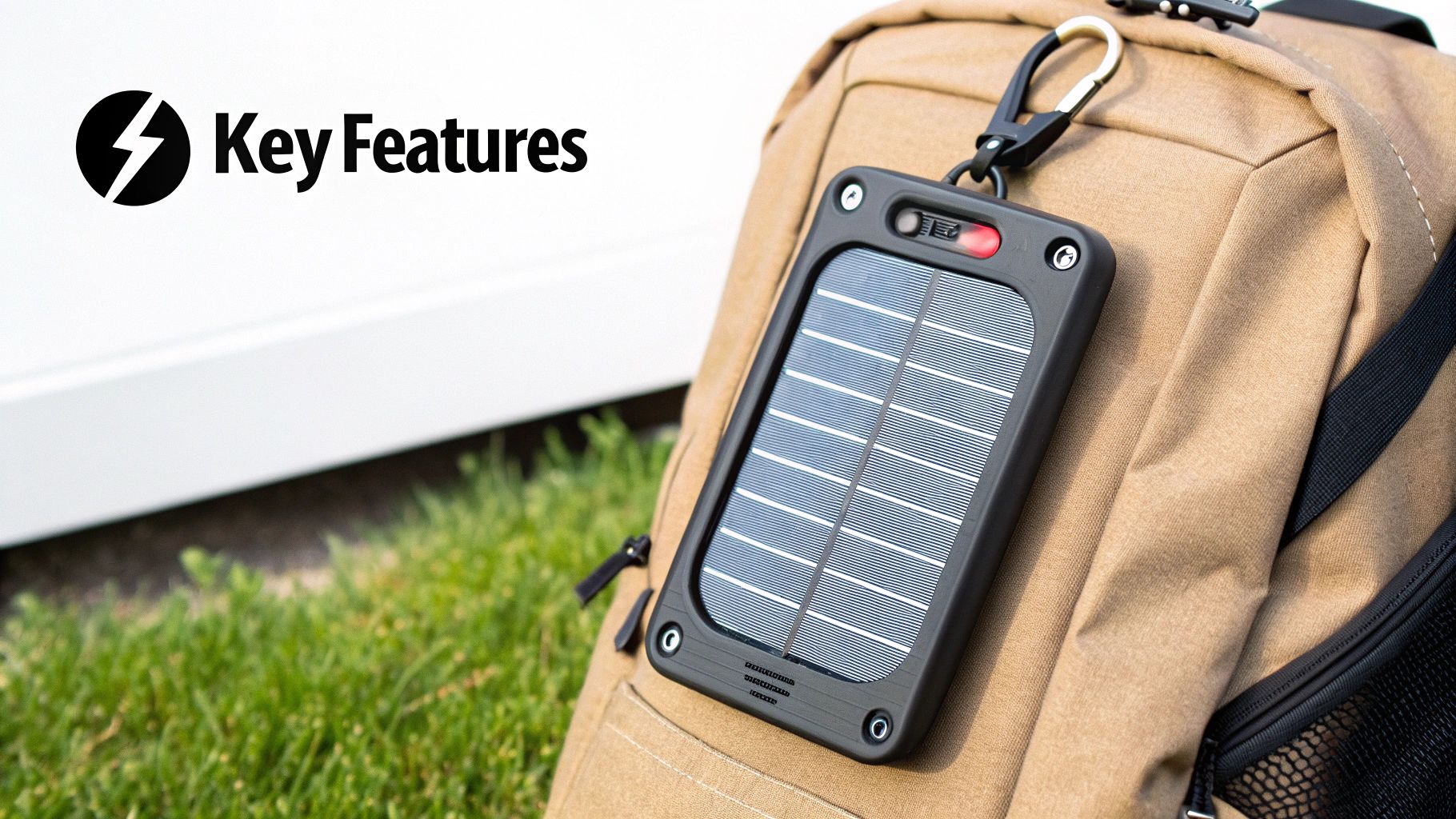 A close-up of a backpack solar charger showing its ports and carabiner loops.