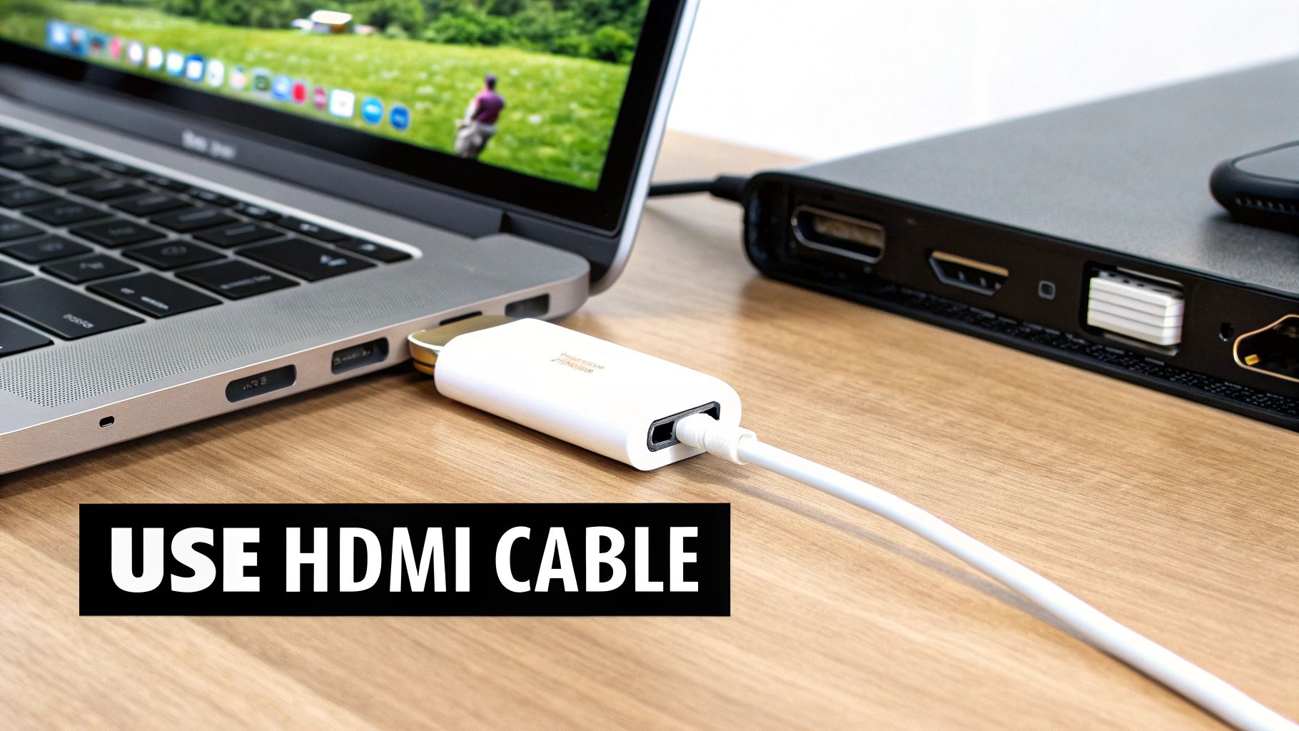 A person connecting a USB-C to HDMI adapter to a MacBook.