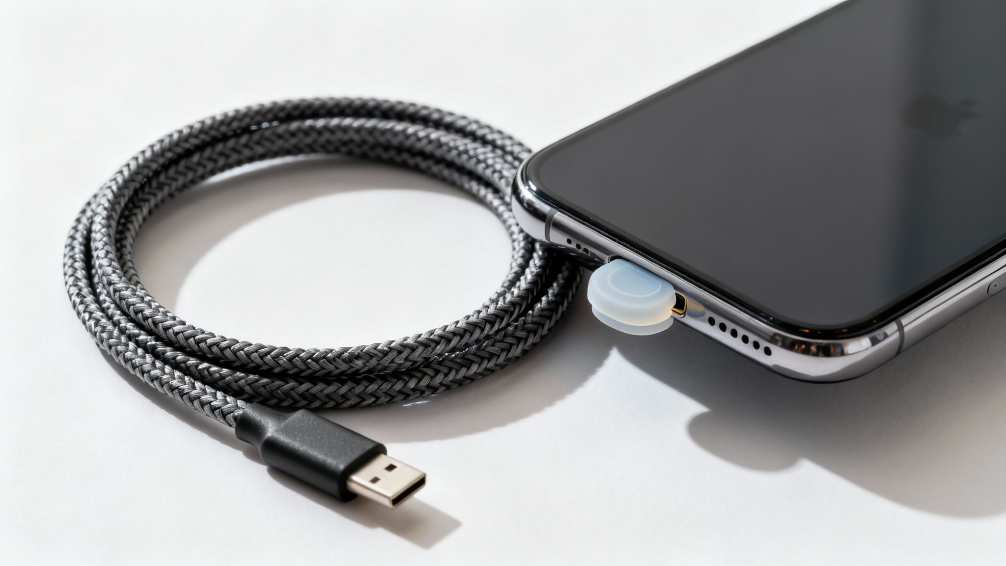 A smartphone with a white dust plug inserted into its charging port, next to a braided USB cable.