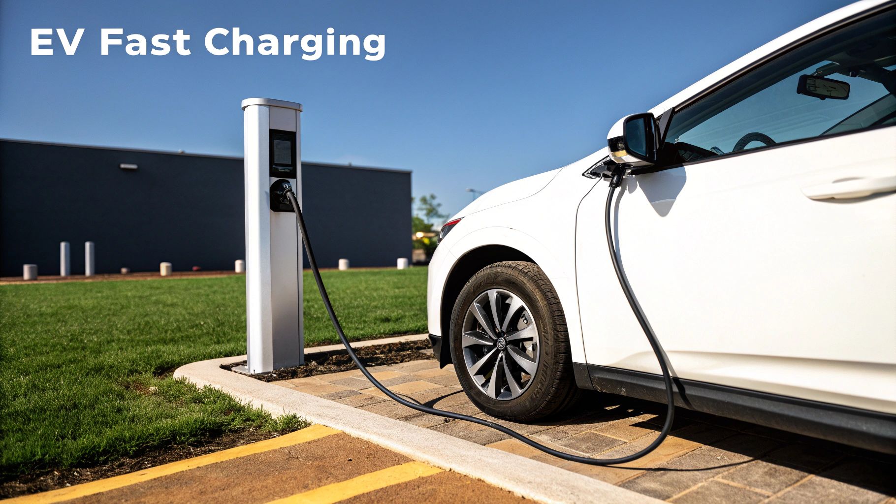 An electric vehicle plugged into a modern fast-charging station in a city setting.