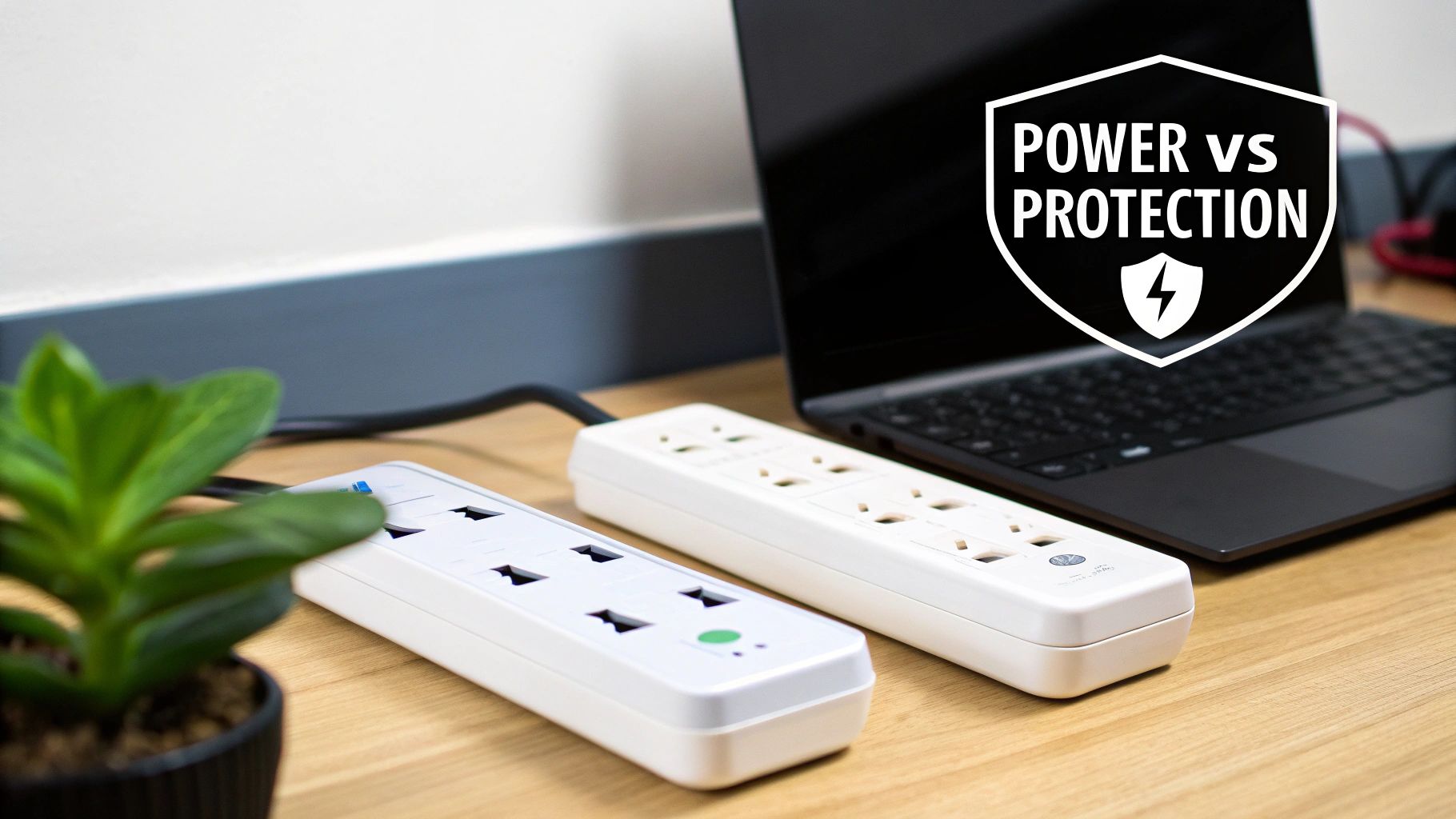 A power strip and a surge protector placed side-by-side to highlight their visual similarities and functional differences.