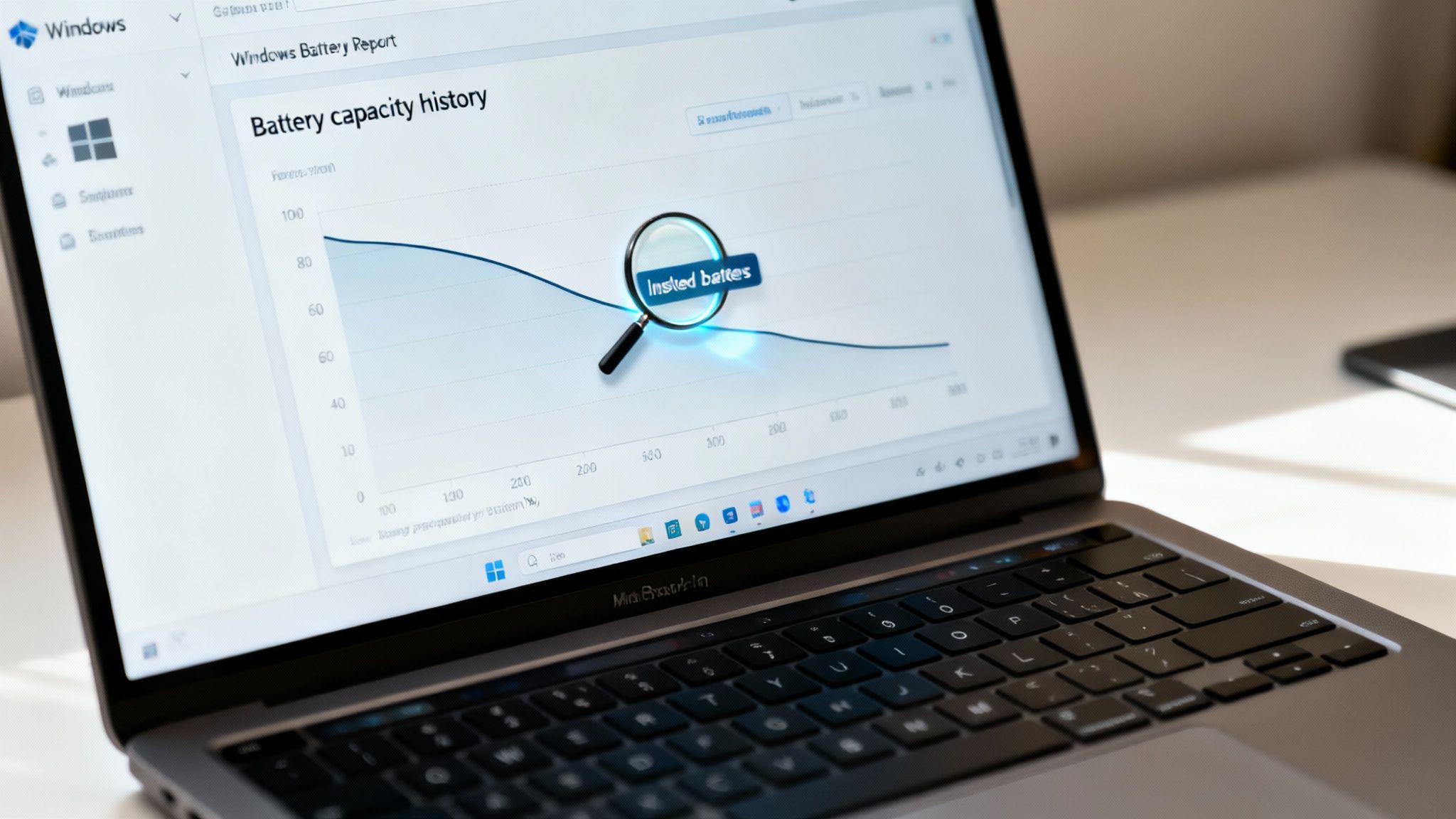 A laptop displays a Windows Battery Report showing a 'Battery capacity history' graph with a magnifying glass.