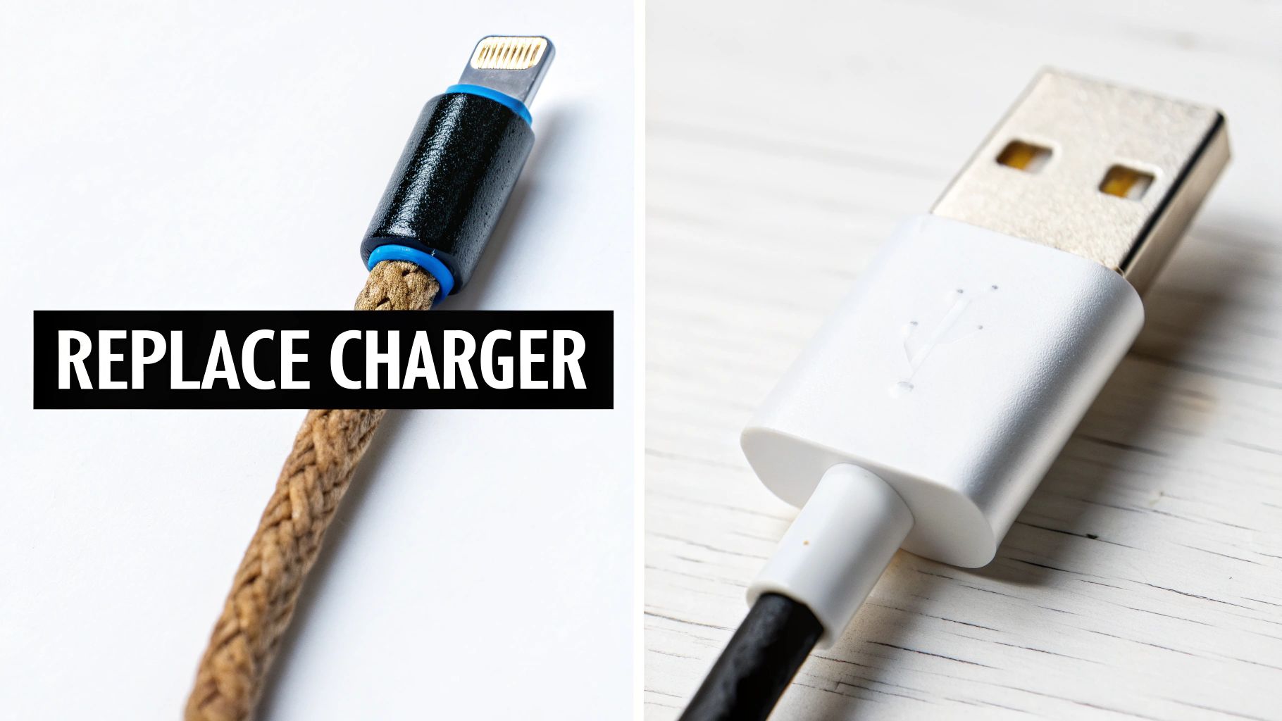 A damaged braided Lightning cable and a white USB-A cable, with a 'REPLACE CHARGER' text overlay.