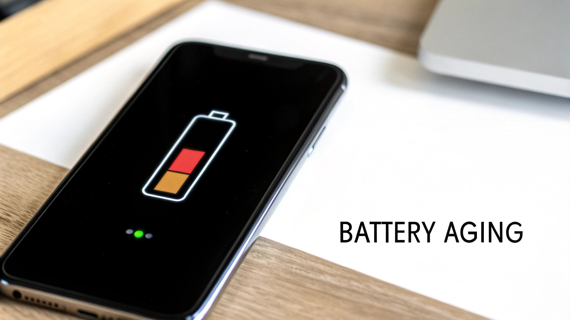 A smartphone connected to a charger with a green battery icon on the screen, symbolizing healthy charging.